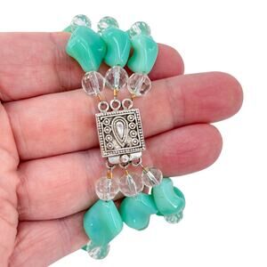 Estate Sterling Silver 925 Milky Green UV Glow Glass Bead Bracelet 7.5"